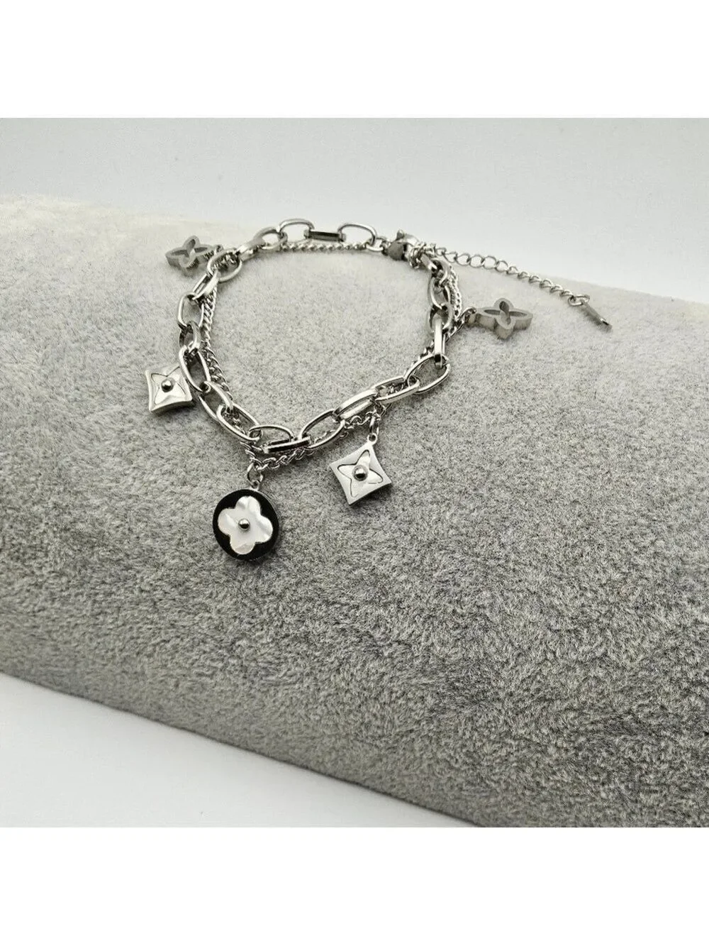 Pearl White Star Clover Charm Dual Chain Silver Toned Stainless Steel Bracelet